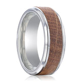 CASK | Silver Titanium Ring, Whiskey Barrel Wood Inlay, Beveled