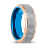 INFILTRATOR | Blue Tungsten Ring, Silver Tungsten Ring, Brushed, Rose Gold Stepped Edge