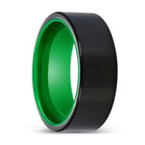 KENTON | Green Ring, Black Tungsten Ring, Shiny, Flat