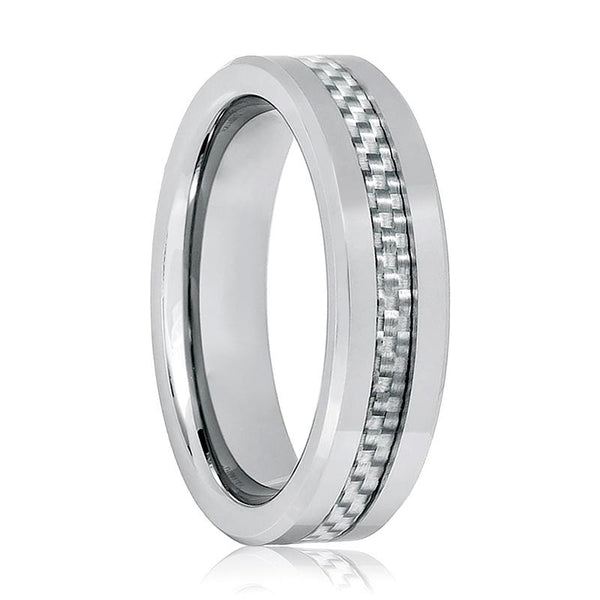 Men's Silver Tungsten Wedding Band with Grey Carbon Fiber Inlay