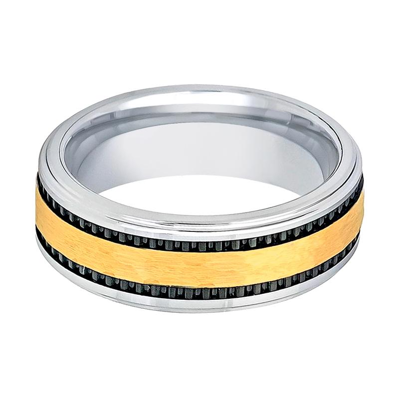 Men's Silver Tungsten Wedding Band with Gold Brushed Center and Two Black Offset Stripes - 8MM