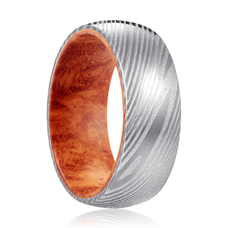 ROJO | Damascus Steel Ring Red Burl Wood