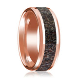 Beveled 14k Rose Gold Wedding Ring for Men with Dark Deer Antler Inlay