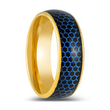 AQUAHEX | Gold Tungsten Ring, Domed Ring, Blue Honeycomb Cutout