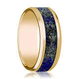 Beveled 14k Yellow Gold Men's Wedding Band with Blue Lapis Lazuli Inlay Polished Finish - 8MM