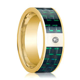 Black and Green Carbon Fiber Inlaid Men's 14k Yellow Gold Wedding Band with Diamond - 8MM