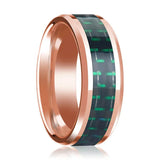 Black & Green Carbon Fiber Inlaid Men's 14k Rose Gold Polished Wedding Band with Beveled Edges - 8MM