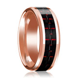 Black & Red Carbon Fiber Inlaid Men's 14k Rose Gold Polished Wedding Band with Beveled Edges - 8MM