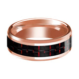 Men's 14k Rose Gold Wedding Band with Black and Red Carbon Fiber 