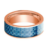 Blue Carbon Fiber Inlaid Flat Polished 14k Rose Gold Wedding Ring for Men - 8MM