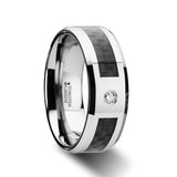 CAYMAN | Silver Tungsten Ring, Black Carbon Fiber, Diamond, Beveled