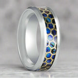 CHAZY | Silver Tungsten Ring, Honeycomb Abalone Inlay, Beveled Edge