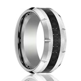 COLOSSAL | Silver Tungsten Ring, Black Carbon Fiber, Notches, Beveled