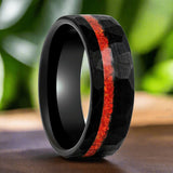 CRIMSONITE | Black Tungsten Ring, Hammered, Orange Opal Inlay, Flat