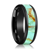 EDWARD | Black Ceramic Ring, Light Blue Turquoise Stone Inlay, Beveled