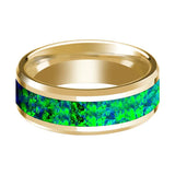 Sapphire Blue Opal Inlaid Men's 14k Yellow Gold Wedding Bands