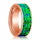 Flat Polished 14k Rose Gold Wedding Band for Men with Emerald Green and Sapphire Blue Opal Inlay - 8MM