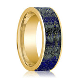 Flat Polished 14k Yellow Gold Men's Wedding Band with Blue Lapis Lazuli Inlay - 8MM