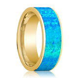 14k Yellow Gold Men's Wedding Band with Blue Opal Inlay