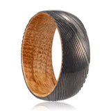 HARROD | Whiskey Barrel Wood, Gunmetal Damascus Steel Ring, Domed