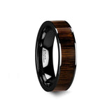 KENDO | Black Ceramic Ring, Black Walnut Wood Inlay, Flat