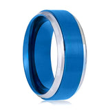 LINARD | Blue Tungsten Ring, Brushed, Silver Stepped Edge