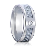 MAYBACH | Silver Titanium Ring, Diamond Stone, Light Gray Carbon Fiber Inlay, Beveled