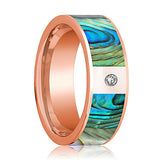 Men's 14k Rose Gold and Diamond Wedding Band with Mother of Pearl Inlay Flat Polished Design - 8MM