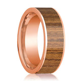 Men's 14k Rose Gold Flat Wedding Band with Teak Wood Inlay Polished Finish - 8MM