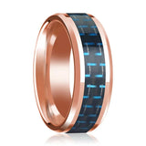 Men's 14k Rose Gold Polished Wedding Band with Black & Blue Carbon Fiber Inlay & Bevels - 8MM