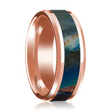 Men's 14k Rose Gold Polished Wedding Band with Spectrolite Inlay & Beveled Edges - 8MM