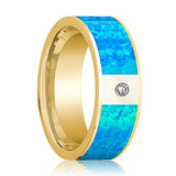 Men's 14k Yellow Gold and Diamond Wedding Ring with Blue Opal Inlay Flat Polished Design - 8MM