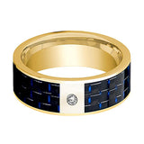 Men's 14k Yellow Gold & Diamond Wedding Band with Blue and Black Carbon Fiber Inlay Flat Polished Design - 8MM