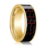 Men's 14k Yellow Gold Flat Wedding Ring with Black & Red Carbon Fiber Inlay Polished Finish - 8MM