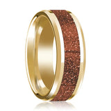 Men's 14k Yellow Gold Orange Goldstone Inlaid Wedding Ring with Beveled Edges & Polished Finish - 8MM