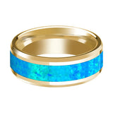 Men's 14k Yellow Gold Polished Wedding Band with Blue Opal Inlay & Beveled Edges - 8MM