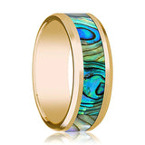 Men's 14k Yellow Gold Wedding Band with Mother of Pearl Inlay and Bevels - 8MM