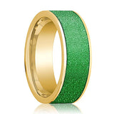 Men's 14k Yellow Gold Wedding Band With Textured Green Inlay Flat Polished Design - 8MM