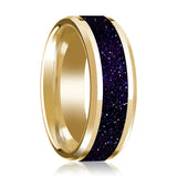 Men's Beveled 14k Yellow Gold Wedding Band with Purple GoldStone Inaly & Polished Finish - 8MM