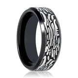 ROCKFORGE | Black Tungsten Ring, Laser Carved Rock Art Pattern, Beveled