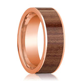 Men's Flat 14k Rose Gold Wedding Band with Rose Wood Inlay Polished Finish - 8MM