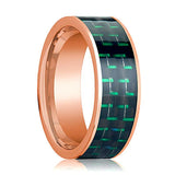 Men's Polished 14k Rose Gold Flat Wedding Band with Black and Green Carbon Fiber Inlay - 8MM