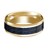 Men's Polished 14k Yellow Gold Wedding Band with Blue & Black Carbon Fiber Inlay & Bevels - 8MM