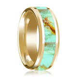 Men's Polished 14k Yellow Gold Wedding Band with Turquoise Stone Inlay & Beveled Edges - 8MM