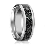 STORMIC | Silver Tungsten Ring, Black Sandstone Carbon Fiber Inlay, Beveled