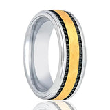 TREGAN | Silver Tungsten Ring, Gold Center, Two Black Grooved, Stepped Edge