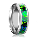 PHOTON | Tungsten Ring, Emerald Green and Sapphire Blue Opal Inlay, Beveled