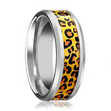 Men's Tungsten Wedding Band with Cheetah Print Animal Design Inlay and Bevels - 6MM - 8MM