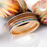 MOANA | Rose Gold Tungsten Ring, Hawaiian Koa Wood, Abalone & Guitar String Inlay