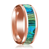 Mother of Pearl Inlaid 14k Rose Gold Polished Wedding Band for Men with Beveled Edges - 8MM